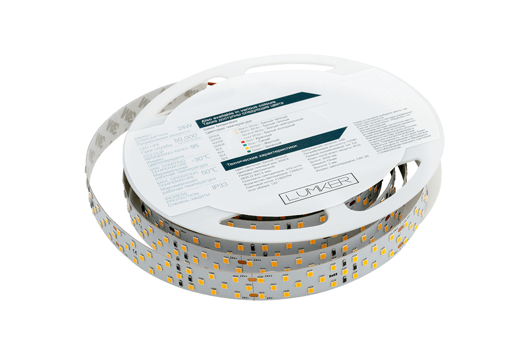 Лента светодиодная LUMKER 2835 252LED/м 24Вт/м 24В IP33 Цвет:Теплый белый (3000K) (1метр) SWG